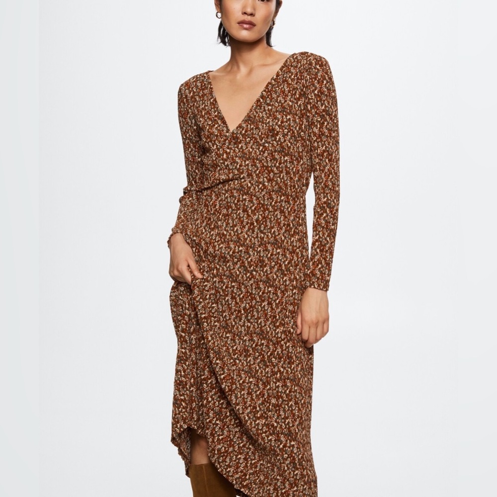MANGO PRINTED TEXTURED DRESS, Size 4, Color Brown